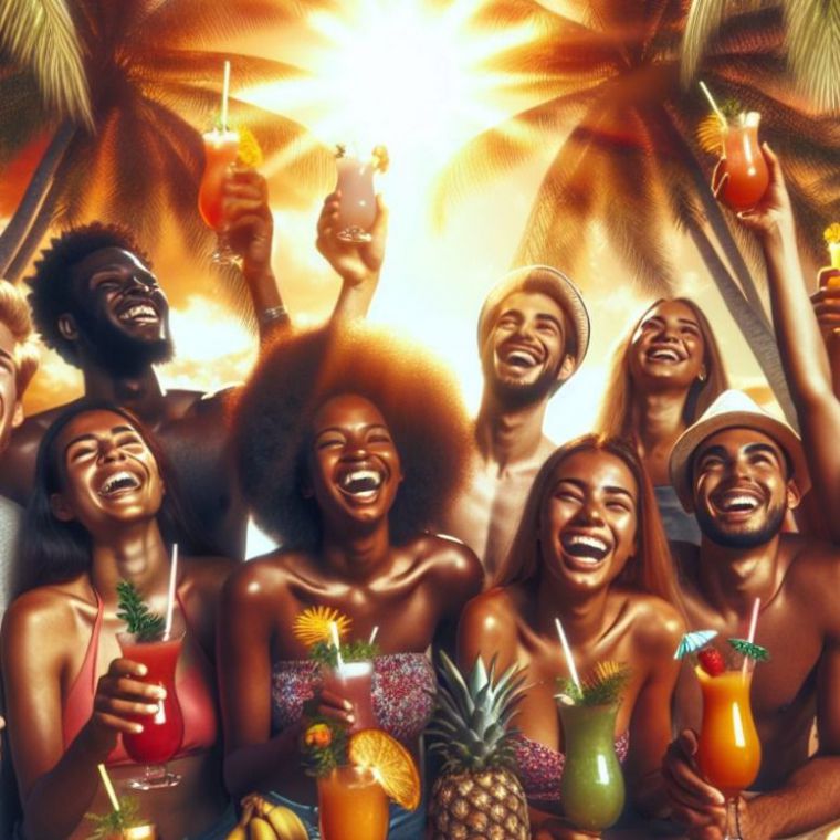 Coca-Cola lanza **Coca-Cola Essence**, una bebida refrescante con sabores de frutas tropicales y hierbas frescas. Imagina una playa soleada con palmeras, donde un grupo de amigos disfruta de la nueva bebida en vasos coloridos, rodeados de frutas exóticas y sonrisas.