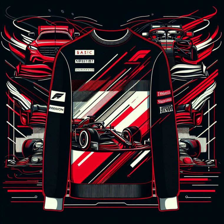 Hazme una imagen de una nueva línea de sudaderas básicas de Ferrari sobre su equipo de formula uno.
